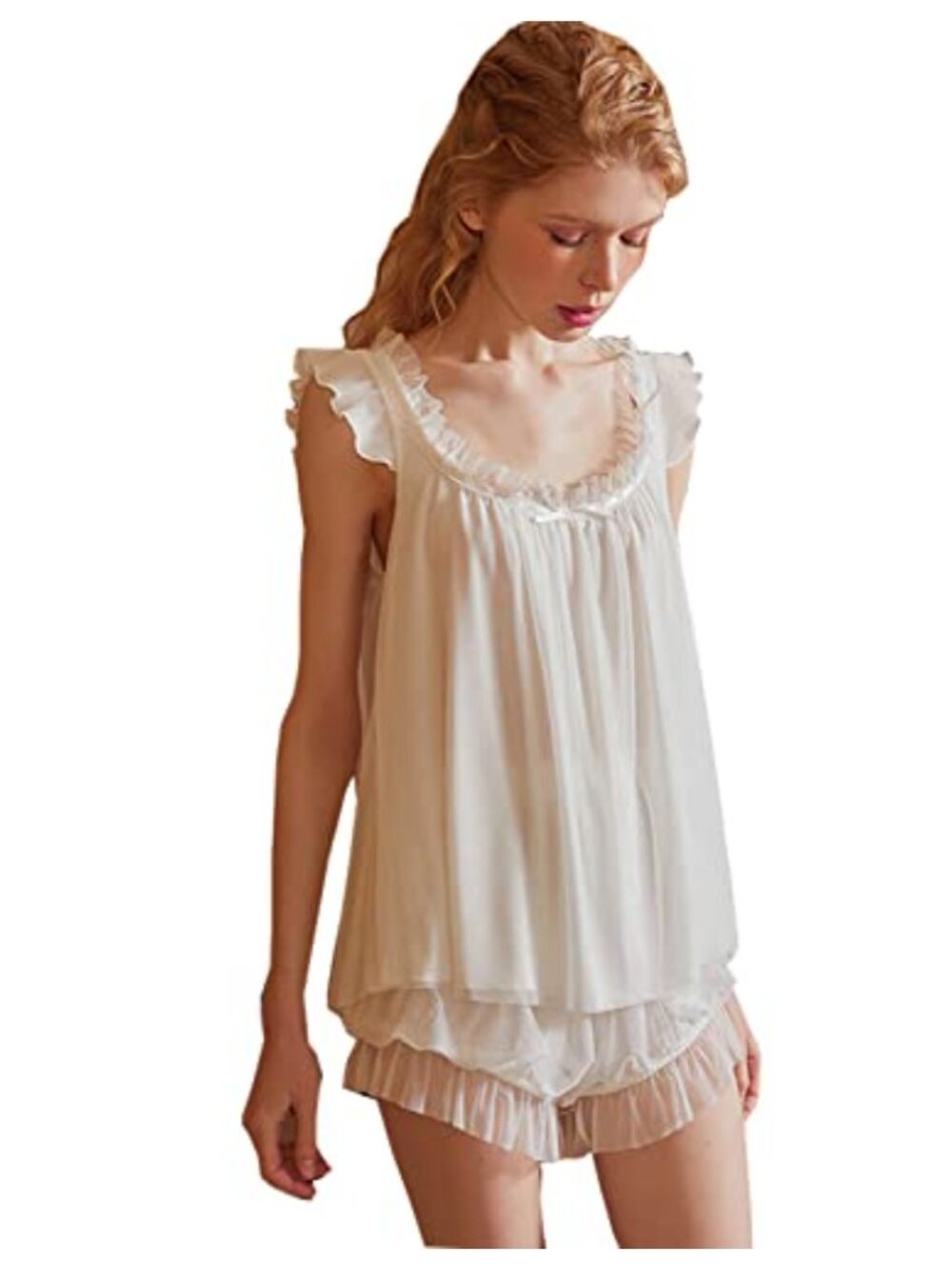 Vintage Victorian Mesh Sleepwear Set Short Sleeve Top Shorts Pajamas